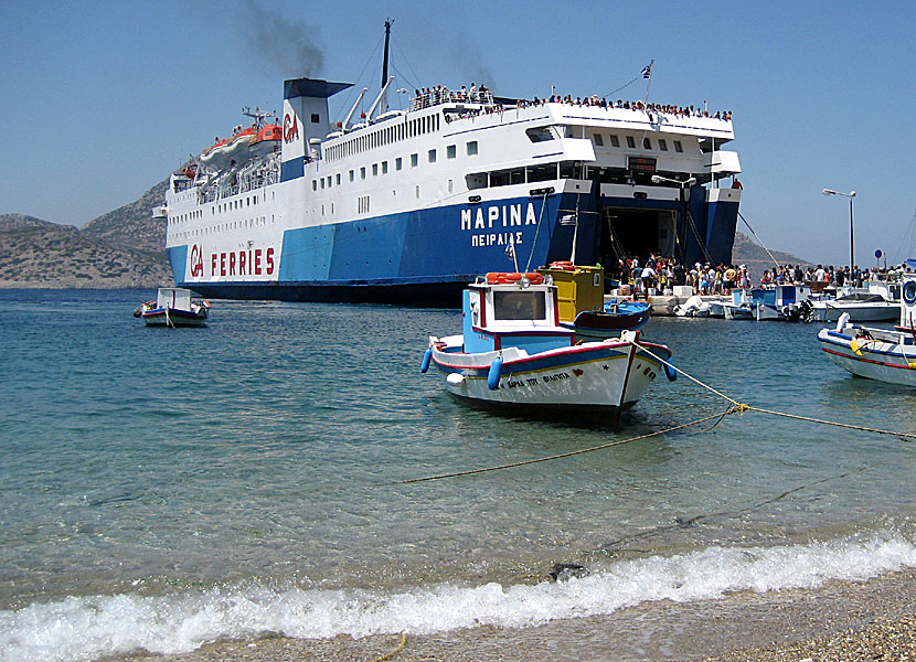 Greek ferries, boats and catamarans. Marina in the port of Fourni. 
