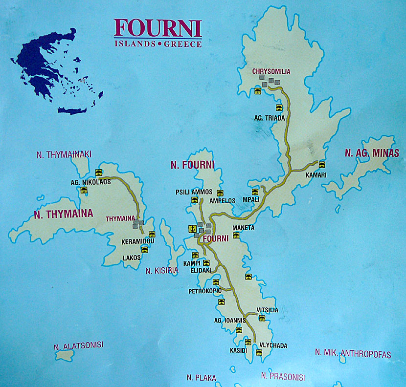 Karta över ön Fourni i Grekland. 