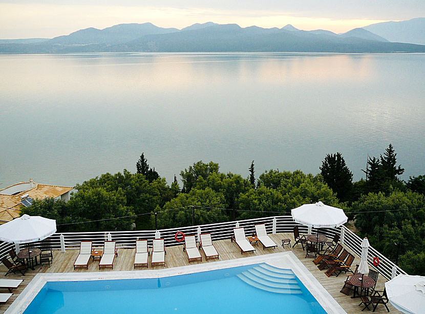 Utsikten från Hotel Adriatica i Nikiania på Lefkas i Grekland.