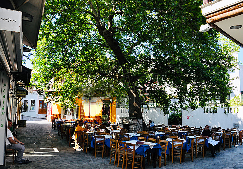 På Platanos Square i Skopelos stad finns flera bra restauranger som serverar jättegoda gyros. 