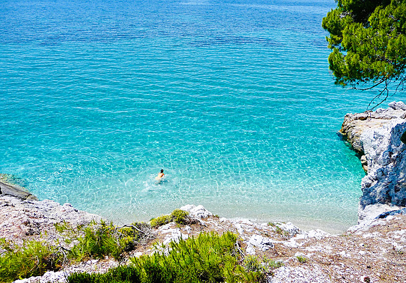 Bada och sola naken vid nudiststränderna på Skopelos. 