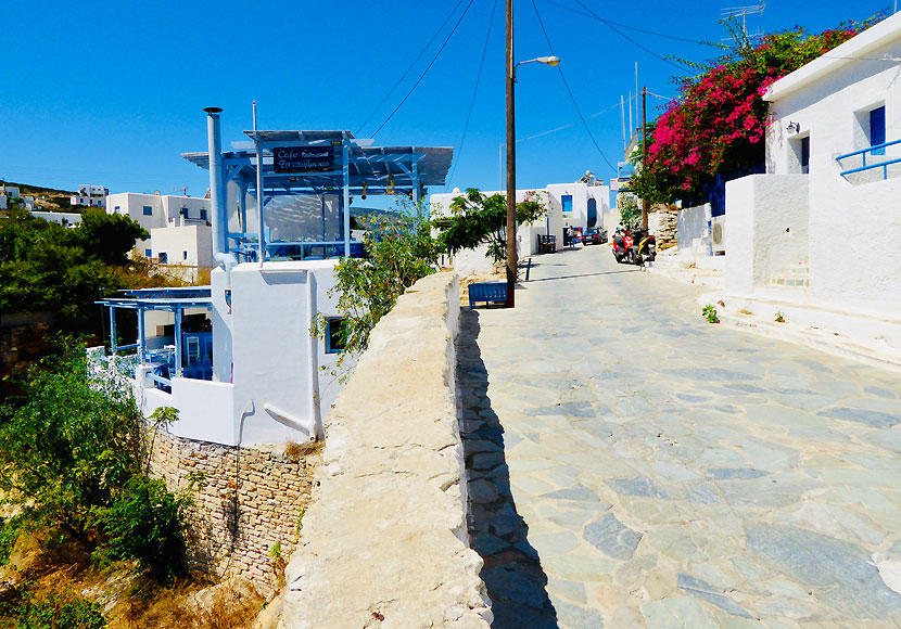 Affärer och restauranger i hamnen Agios Georgios på ön Iraklia i Grekland.