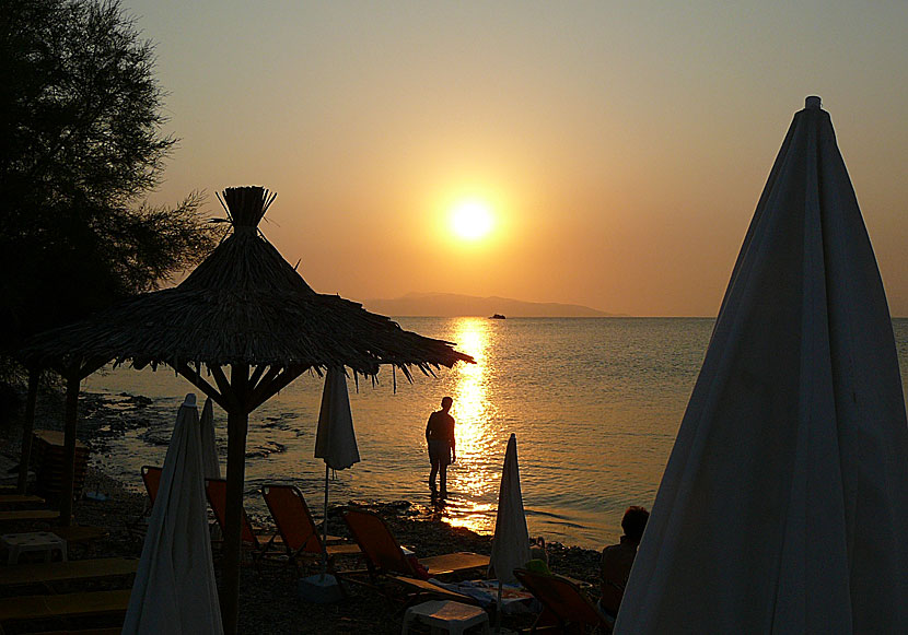 Solnedgången sedd från stranden i Skala på Agistri.