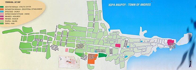 Karta över Andros stad, Chora, på Andros i Kykladerna.