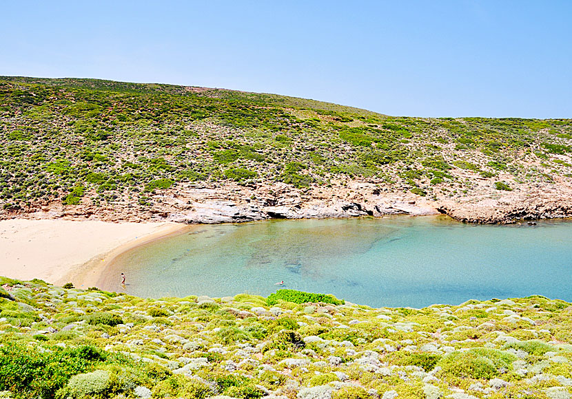 Mikro Ateni beach är en av många barnvänliga sandstränder på Andros. 