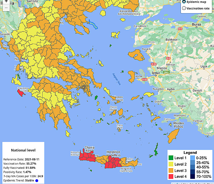 Karta över alla öar i Grekland där man ser antal fall av Covid-19.  