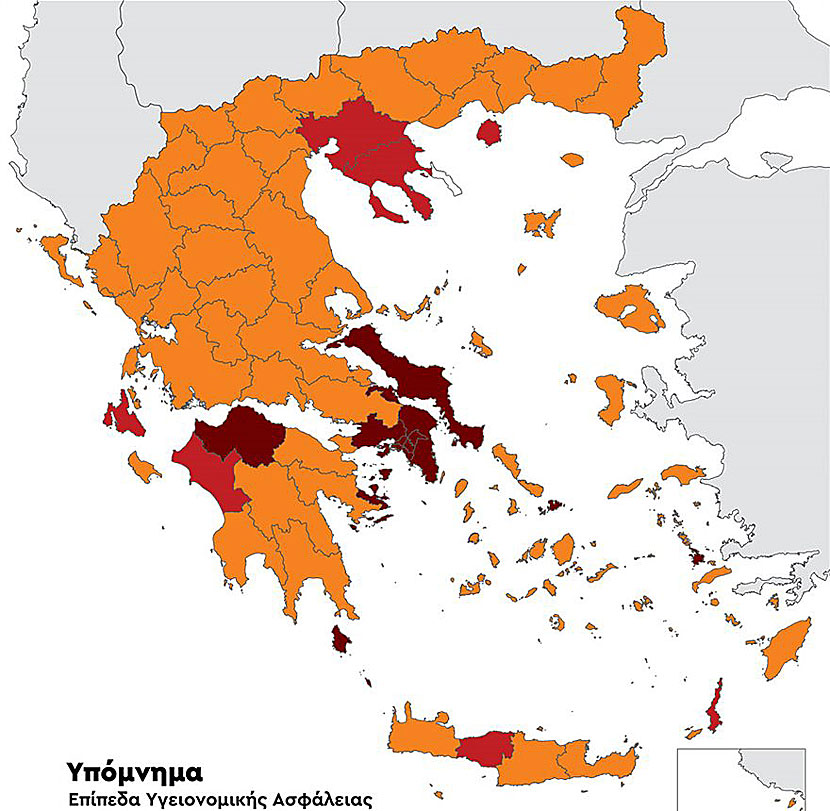 Karta över vilka regioner och öar i Grekland som har mest smittspridning av Covid-19.