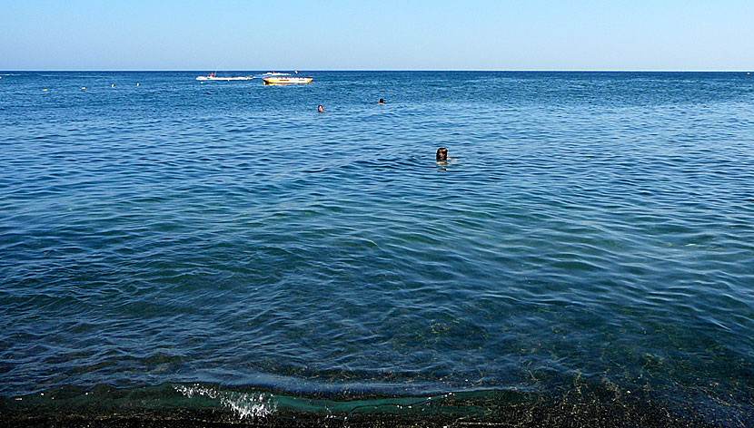 Härliga bad i havet vid underbara Perivolos beach på Santorini.