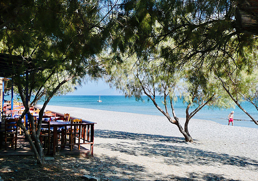 Tavernor och restauranger vid Faros beach på  norra Ikaria i Grekland.