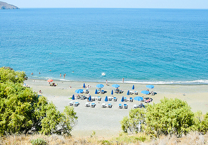 Solstolar och parasoll på stranden i Platys Gialos på Kalymnos.