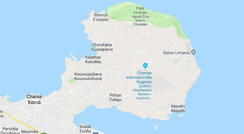 Karta över Akrotirihalvön öster om Chania på Kreta.