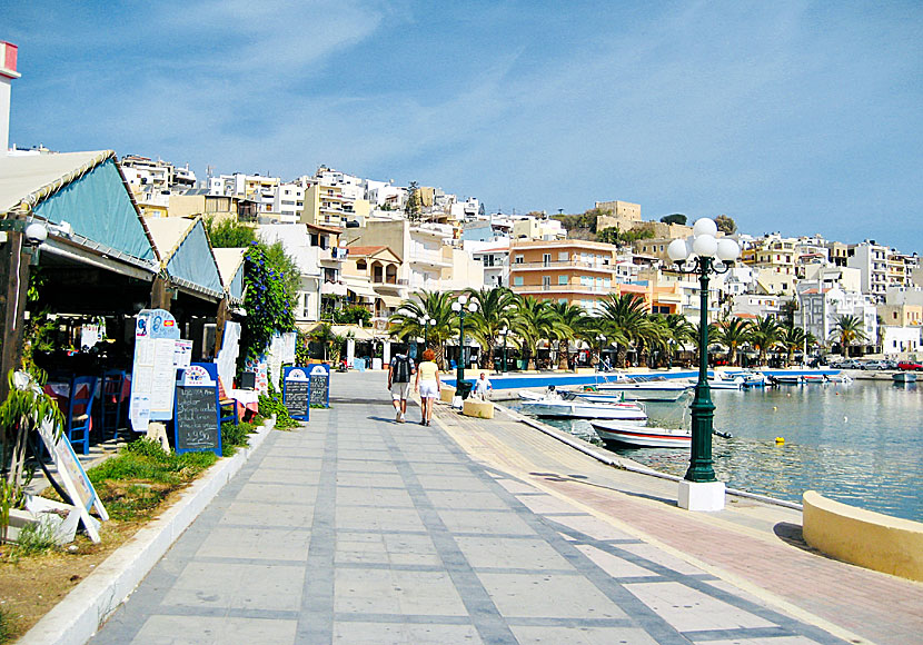 Den mysiga hamnpromenaden Sitia på östra Kreta kantas av bra tavernor och kaféer.  