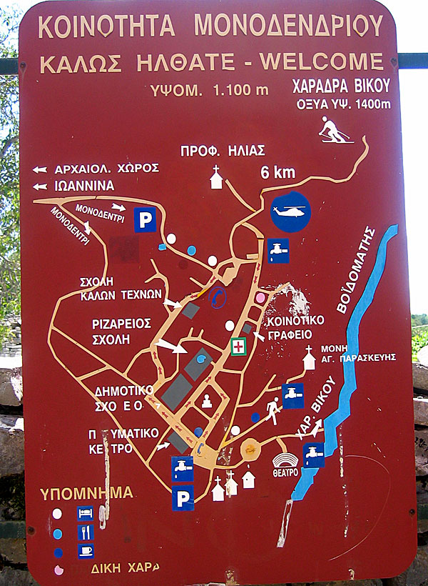 Karta &ouml;ver byn Monodendri i Epirus i Grekland.