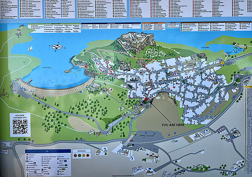 Karta över Lindos by, Akropolislippan, samt Lindos beach, Pallas beach och Agios Pavlos beach på Rhodos.