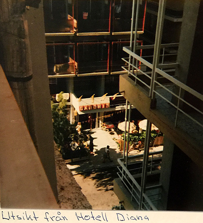 Utsikt mot Hotel Saronis från Hotel Diana i Rhodos stad 1979.