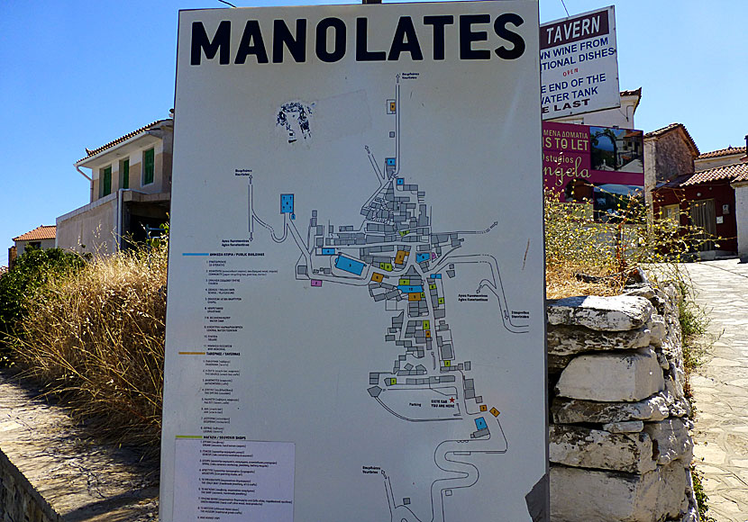 Karta över byn Manolates ön Samos i Grekland.