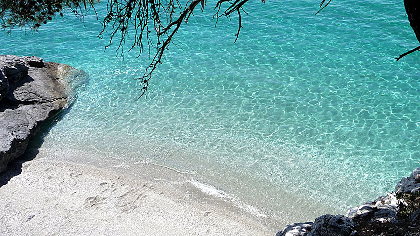 Den underbara hemliga lilla Kalimera beach på Skopelos.