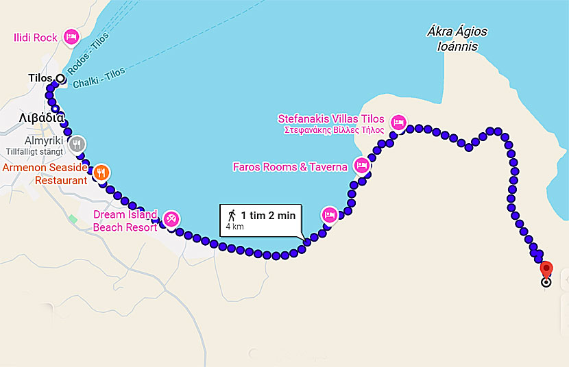 Karta &ouml;ver Livadia p&aring; Tilos.  Fr&aring;n hamnen &auml;r det 4 kilometer till Agios Ioannis och det tar cirka en timme att g&aring;.