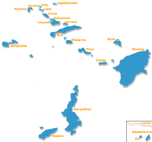Karta över ögruppen Dodekaneserna i Grekland.