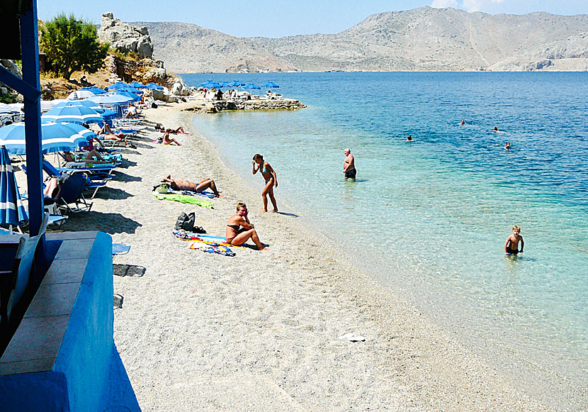 Nos beach är den strand som ligger närmast hamnen i Gialos på Symi.