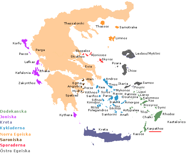 Karta över Grekland. Karpathos är markerat med rött.