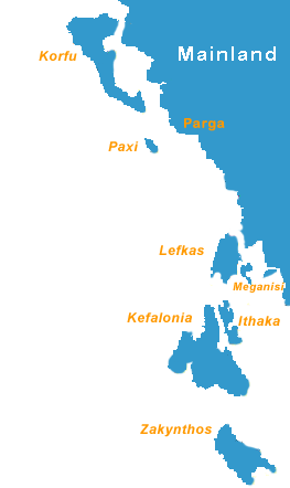 Karta över Joniska öarna i Grekland.