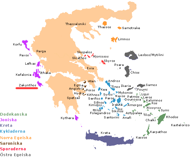 Karta över Grekland. Zakynthos .