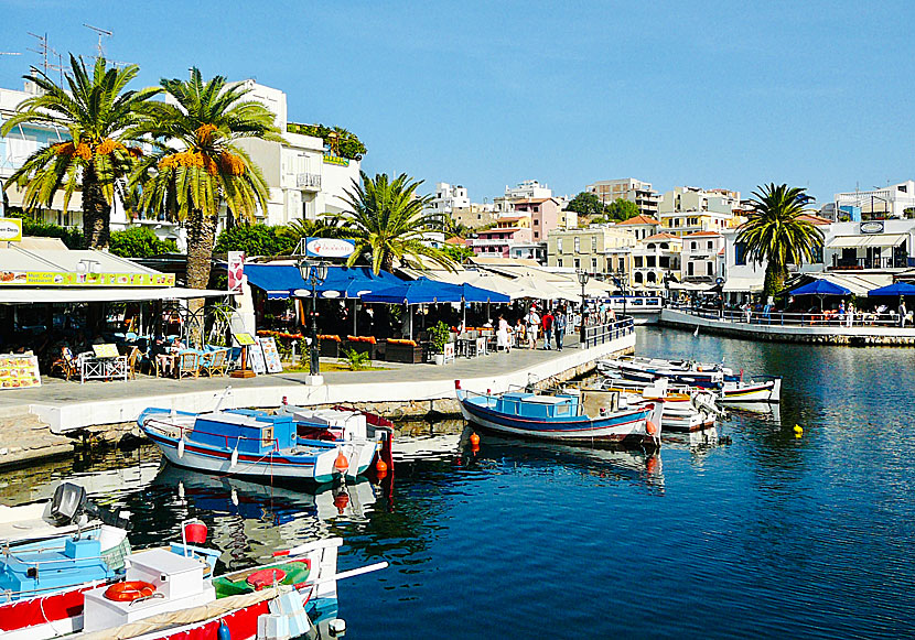 Den mysiga hamnen i Agios Nikolaos i Lasithi län på östra Kreta.